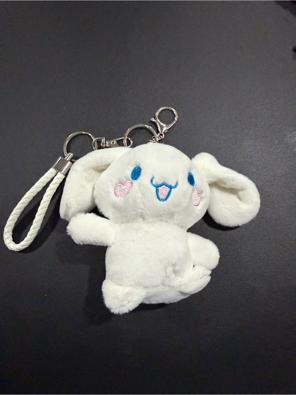 White Plush Bunny Keychain with Pink Cheeks and Blue Details